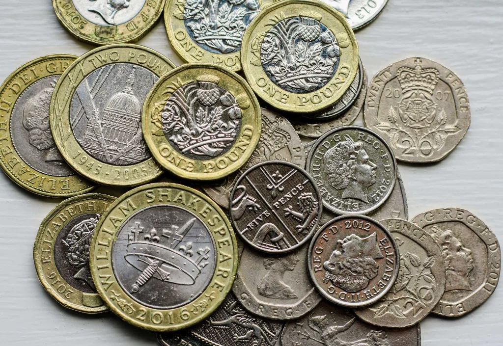 A pile of GBP coins