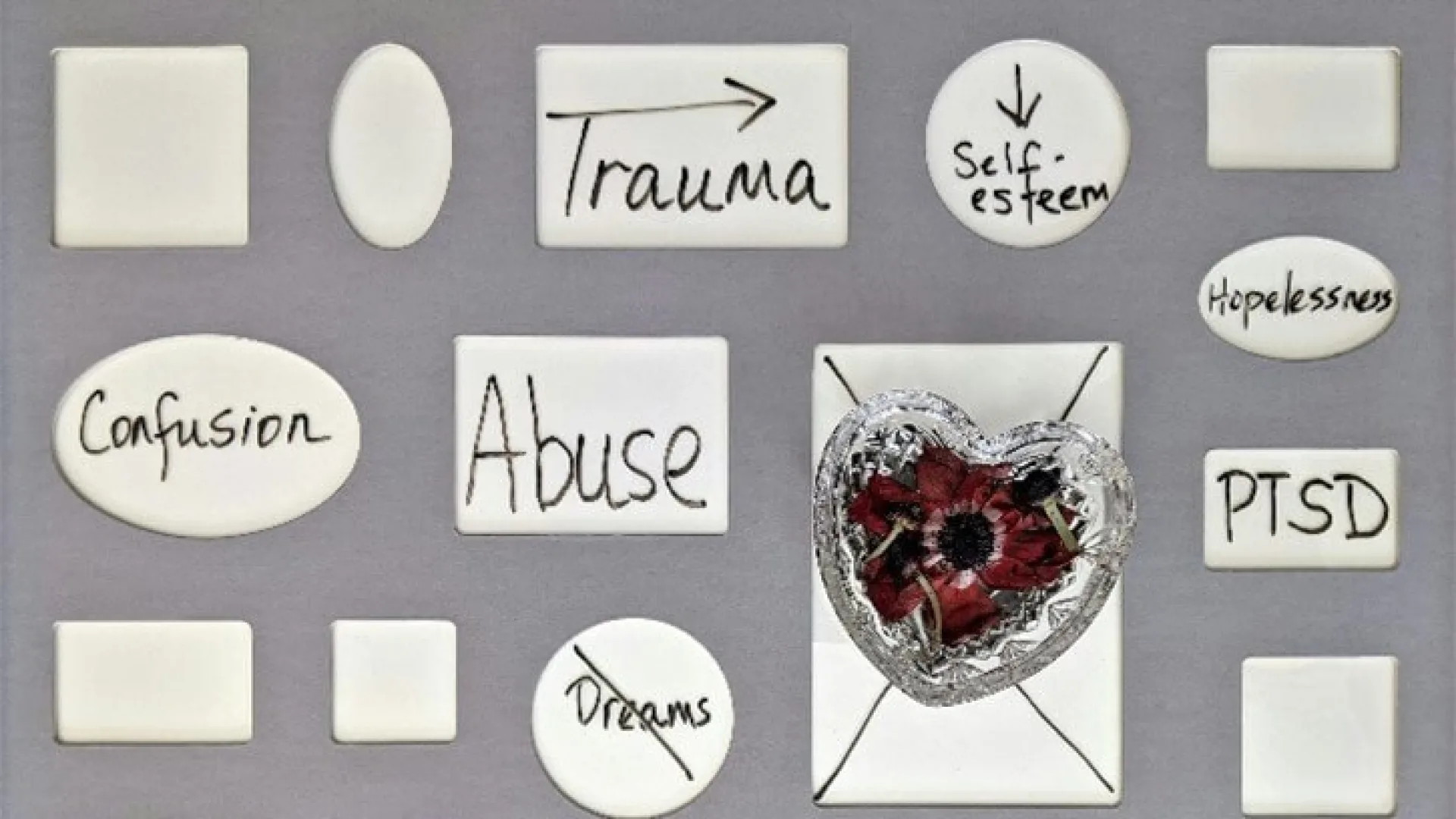 A board with various emotions surrounding trauma written and pinned